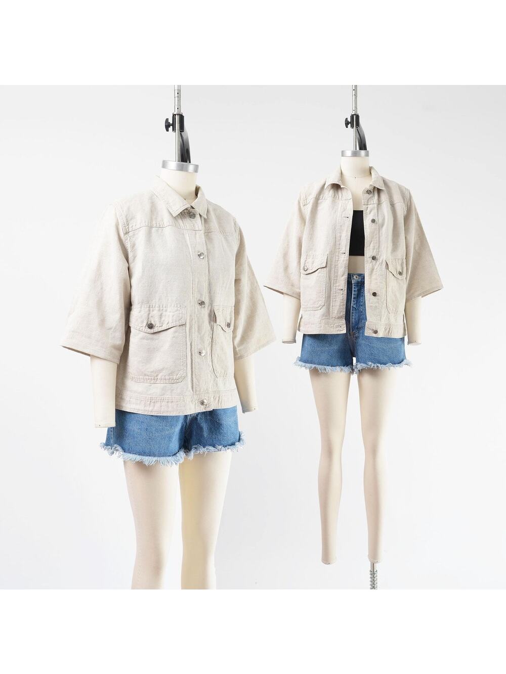 Vintage LL Bean Linen Cotton Oatmeal Minimalist Safari Utility Chore Jacket S